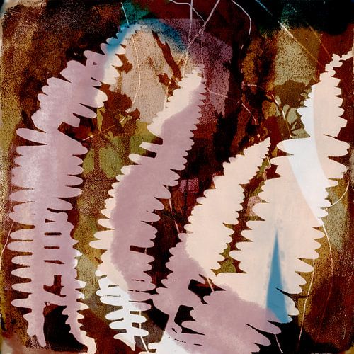 Organische abstracties. Moderne abstracte botanische kunst. Varensbladeren in roze op bruin
