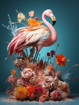 Élégance florale du flamant rose sur Eva Lee