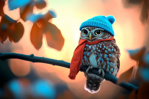 Grappige uil in winteroutfit