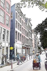 Pentekening Bakfiets Kloveniersburgwal Amsterdam Nederland Tekening Lijntekening van Hendrik-Jan Kornelis