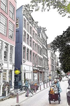 Federzeichnung Bakfiets Kloveniersburgwal Amsterdam Niederlande Strichzeichnung von Hendrik-Jan Kornelis