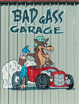 Tekening van een cartoon in kleur op garagedeur van Inge van den Brande