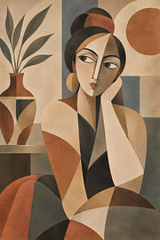 Kubistische Muse in Erdtönen – Abstrakte Frau, Vase & -Sonnenmotiv | Moderne Boho-Wandkunst von Timeless Artworks