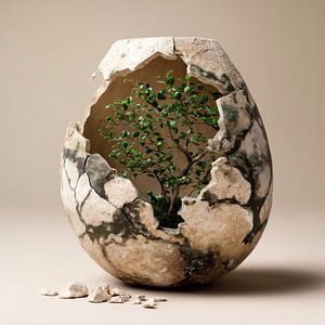 Arbre dans un vase cassé beige