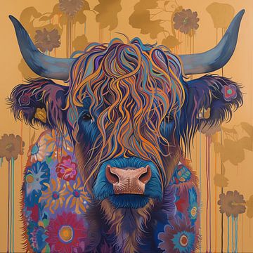 Schotse hooglander koe in bloemen van TheXclusive Art