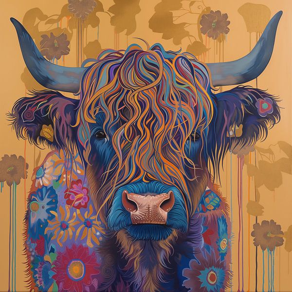 Vache écossaise des Highlands dans les fleurs par TheXclusive Art