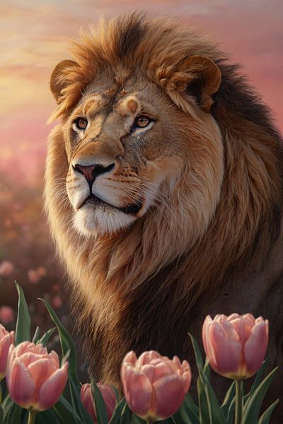 Nobele Leeuw in Tulpenveld bij Zonsondergang van Art & Soul Creations