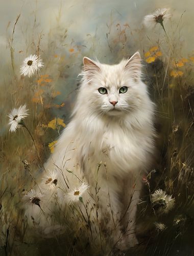 Witte Maine Coon tussen Wilde Bloemen