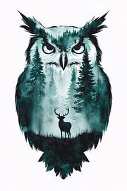 Eulen-Silhouette mit Wald und Hirschen von Art & Soul Creations