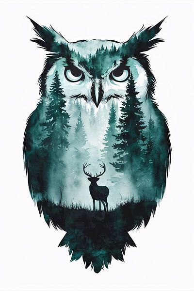 Uil silhouet met bos en hert van Art & Soul Creations