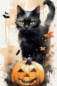 Chat noir avec citrouille d'Halloween