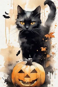 Chat noir avec citrouille d'Halloween sur ArtDesign by KBK