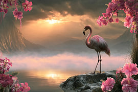 Flamant rose et fleurs tropicales