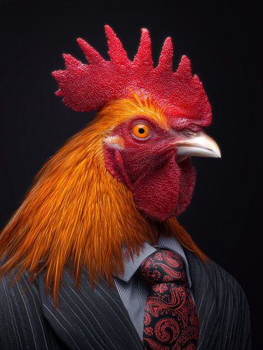 Elegant cockerel in a suit - surreal animal portrait with red krawa