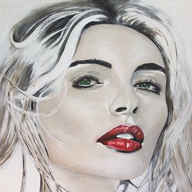Rote Lippen Frau Gesicht Portrait von Schilderij op Maat XL