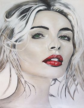 Portret Van Vrouw Schilderij "Red Lips" van Schilderij op Maat XL
