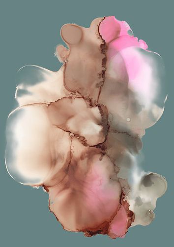 Colorful, modern abstract watercolor in shades of pink and brown against a green-gray background by Studio Allee