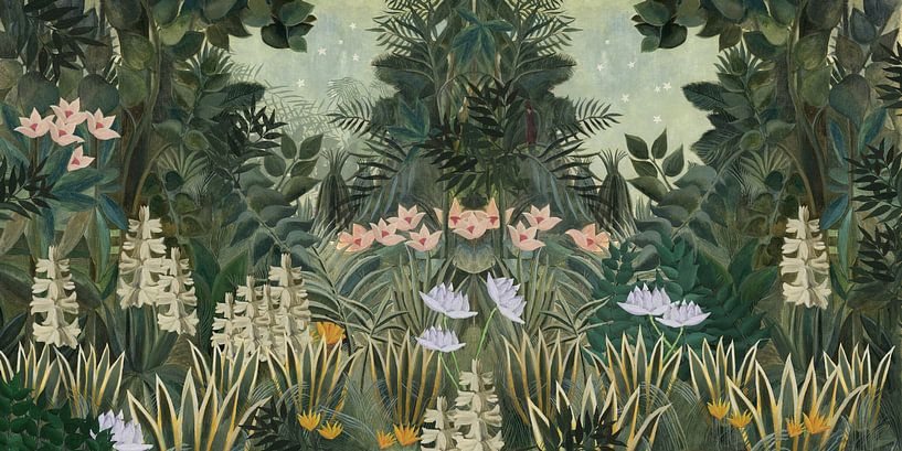 Wunderschönes botanisches Bild des Dschungels mit Farnen und Blumen von Studio POPPY