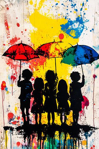 Kinderen onder kleurrijke paraplu's