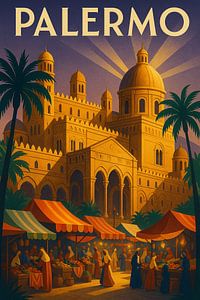 Palermo Art Deco Travel Poster - Sizilianischer Markt und Kathedrale