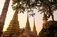 Met mozaïek betegelde boeddha's en een ijzeren beeld bij de Wat Pho tempel.