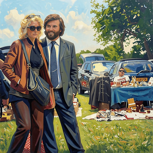 'Schat, zie je wat?': een schilderij van een chic stel op een kofferbakverkoop