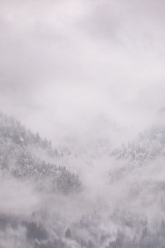 Snow-capped mountains in the mist