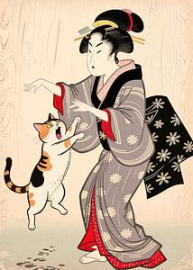 Ukiyo-e Comedy Poster - Geisha unterbrochen von Katze Meme Kunst