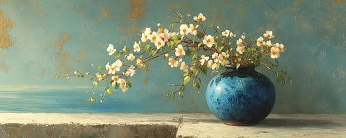 Blue Vase | Drift Of White Blossoms by Wonderful Art