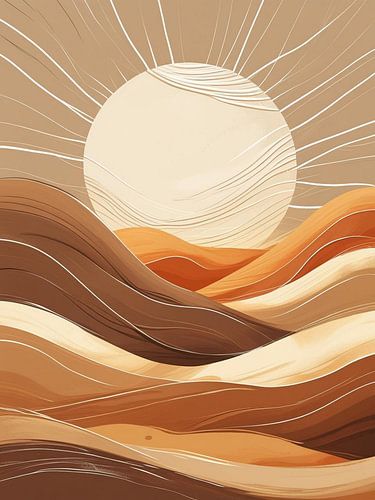 Abstracte zon over golvende duinen in aardetinten