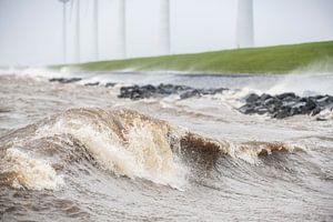Windturbinen am IJsselmeer-Ufer bei einem Sturm