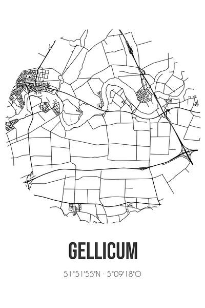 Gellicum (Gelderland) | Karte | Schwarz und weiß von Ortsdrucke