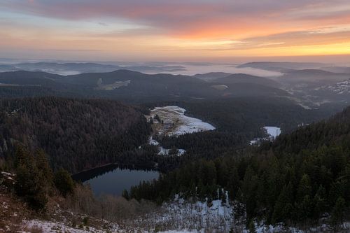 Beautiful view from the Feldberg in the Black Forest, Germany at sunrise.