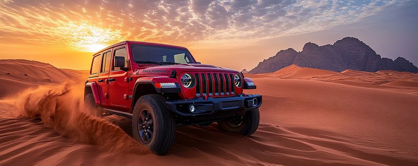Rode Jeep Wrangler bij zonsondergang in de duinen van Lufy