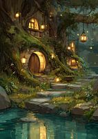 The glowing elf house by the forest river