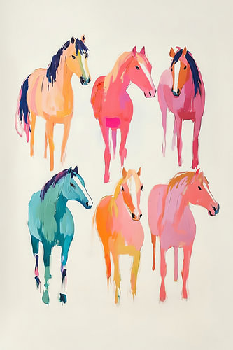 Fünf Pferde in Aquarell