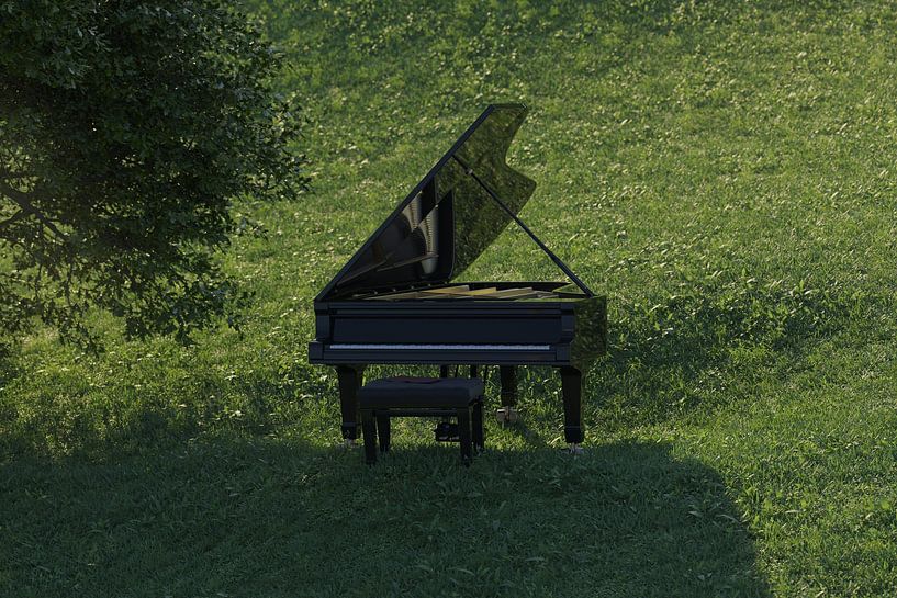 Zwarte piano in een vredig graslandschap van Besa Art