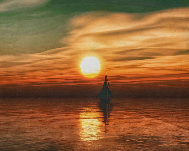 Een zeilschip zeilt tijdens zonsondergang op zee van Jan Keteleer