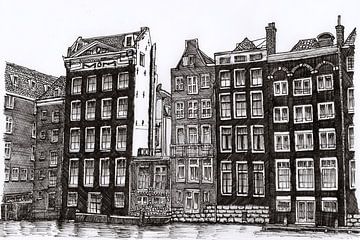 Tekening Damrak Amsterdam Lijntekening Pentekening van Hendrik-Jan Kornelis