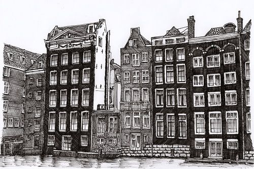 Tekening Damrak Amsterdam Lijntekening Pentekening