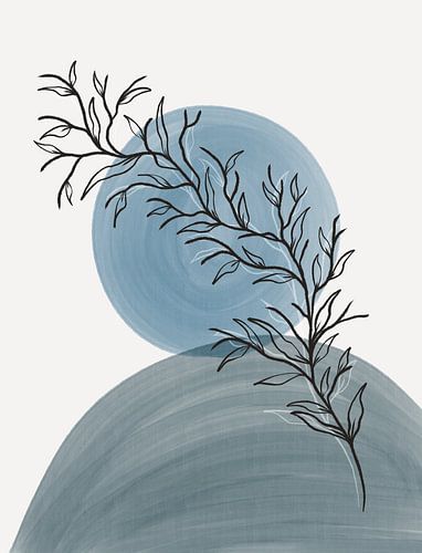 Olive blue - minimalist painting branch