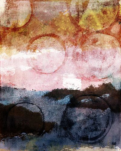 Kunst in pastel en aardetinten. Abstracte compositie in blauw, aardetinten, roze en wit
