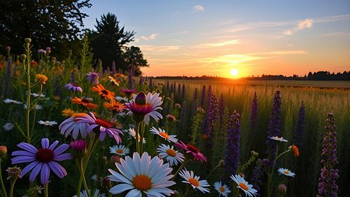 A landscape in bloom at sunset