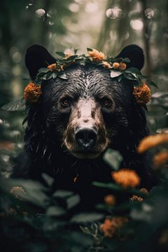Portrait of a black bear in the forest by Digitale Schilderijen