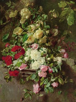 Adriana Johanna Haanen,Une nature morte avec des roses tombant sur un rebord de pierre.