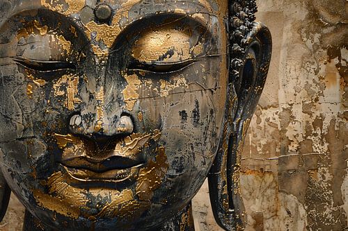 Vergulde Boeddha op verweerde achtergrond in gouden toetsen