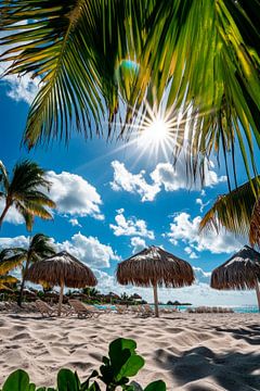 Tropical beach with palm trees and sun by Poster Art Shop