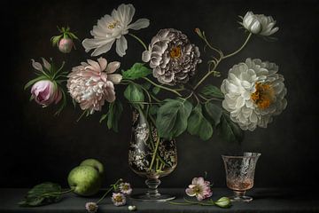 Digital still life with flowers, fruit and glass by Digitale Schilderijen