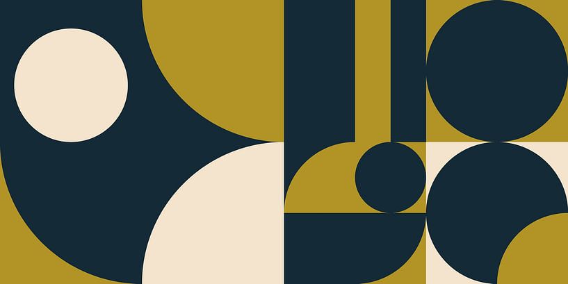 Retro-Geometrie mit Kreisen und Streifen in Senf und Dunkelblau von Dina Dankers