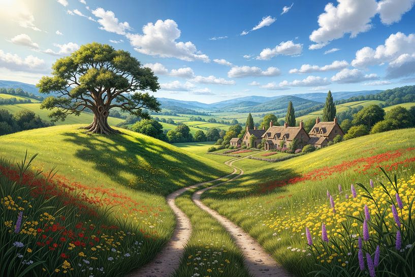 Rural Landscape with Cottages, Path, and Tree by Markus Gann